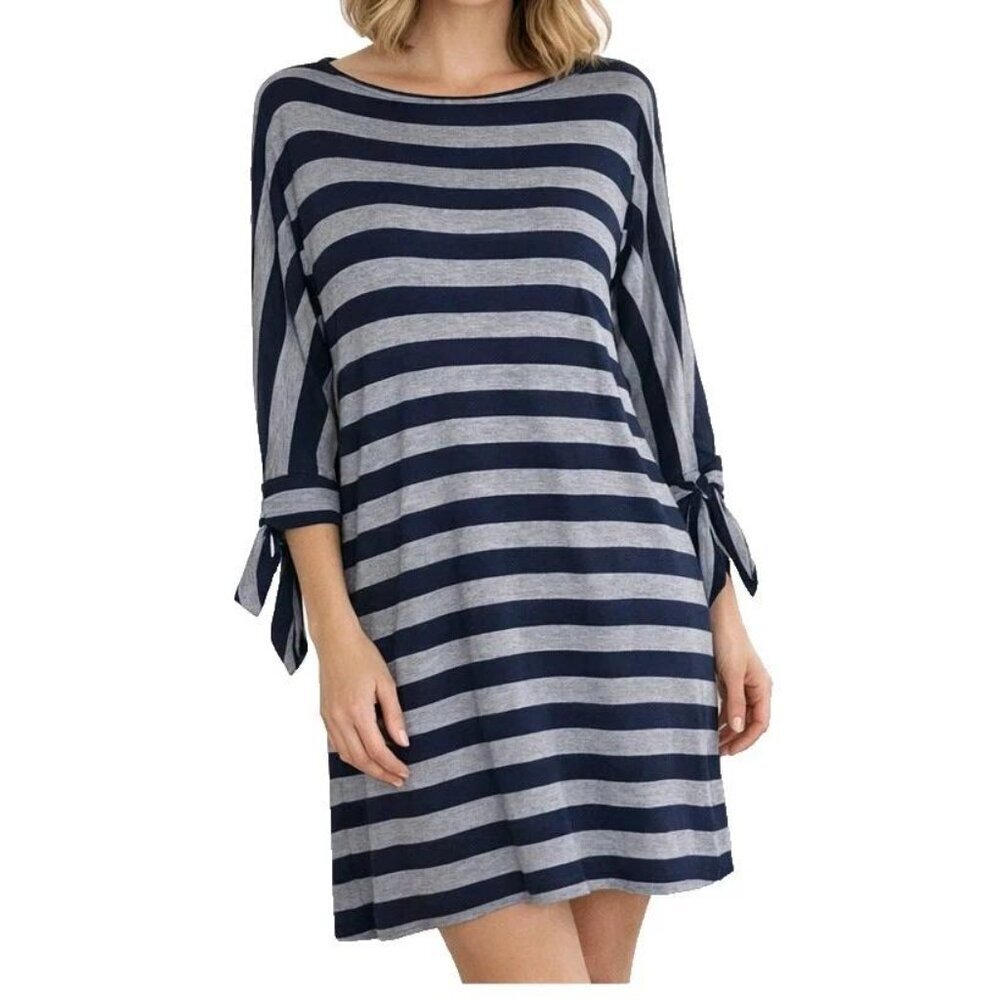 Soft Surroundings Dress Size M Navy Blue Gray Stripe Tie Cuffs Nautical Adrift